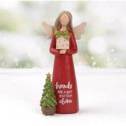Friends Are A Gift Sent From Above Mini Angel With Christmas Present And Tree Figurine 5"