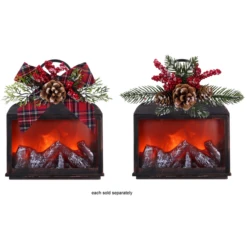 9" Christmas Time Flameless Fireplace Lantern With Pinecone And Red Berries