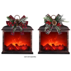 15" Christmas Time Flameless Fireplace Lantern With Pinecone, Red Berries, And Plaid Bow