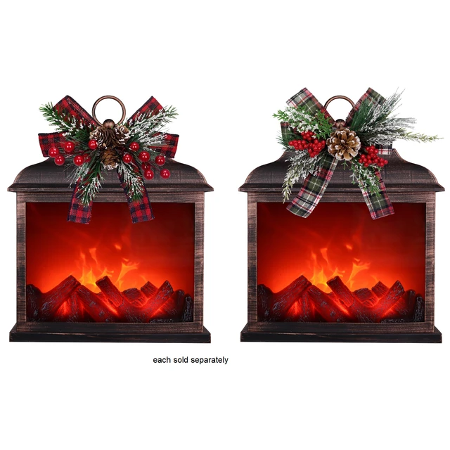 15" Christmas Time Flameless Fireplace Lantern With Pinecone, Red Berries, And Plaid Bow 1 15" Christmas Time Flameless Fireplace Lantern With Pinecone, Red Berries, And Plaid Bow