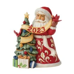 Jim Shore Dated 2023 Santa And Christmas Tree "Wrapped In Christmas Cheer" Figurine, 7.2" Gold Crown Exclusive