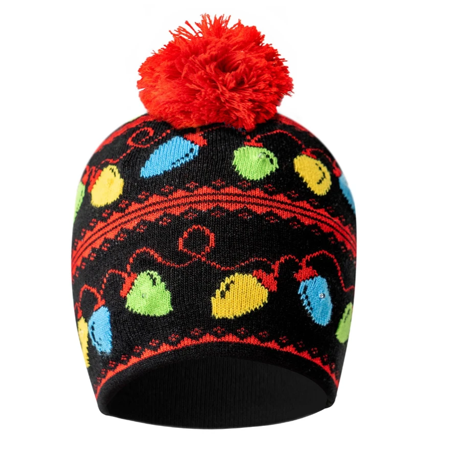Christmas Merry & Bright Flashing LED Light Pom Beanie Hat Black With Holiday Bulbs 1 Christmas Merry & Bright Flashing LED Light Pom Beanie Hat Black With Holiday Bulbs