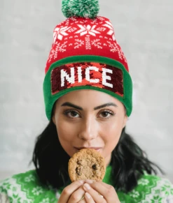 Christmas Naughty Or Nice Changeable Sequin Snowflake Red Pom Beanie Hat -Monogram Shop naughtynice3